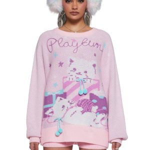 Womens Kitten Knit Sweater With Pom Poms Cutecore Sugar Thrillz - Pink