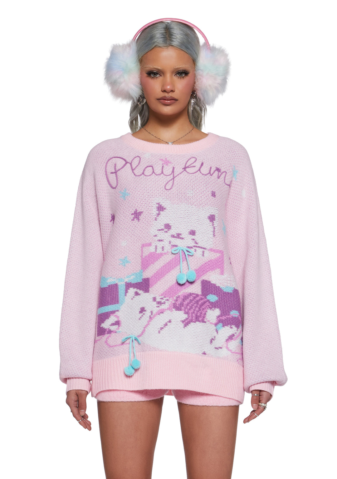 Womens Kitten Knit Sweater With Pom Poms Cutecore Sugar Thrillz - Pink