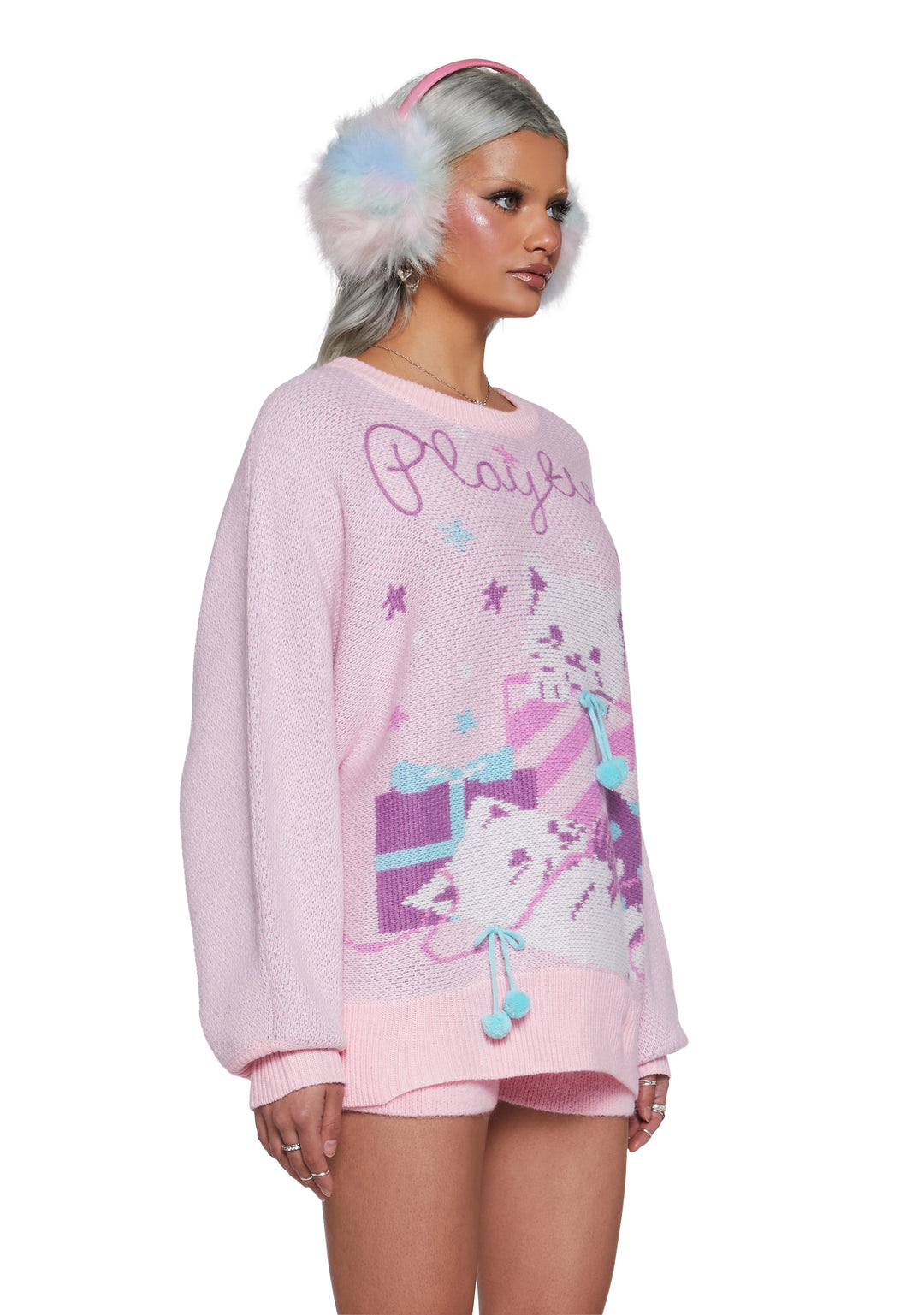 Womens Kitten Knit Sweater With Pom Poms Cutecore Sugar Thrillz - Pink - Image 3