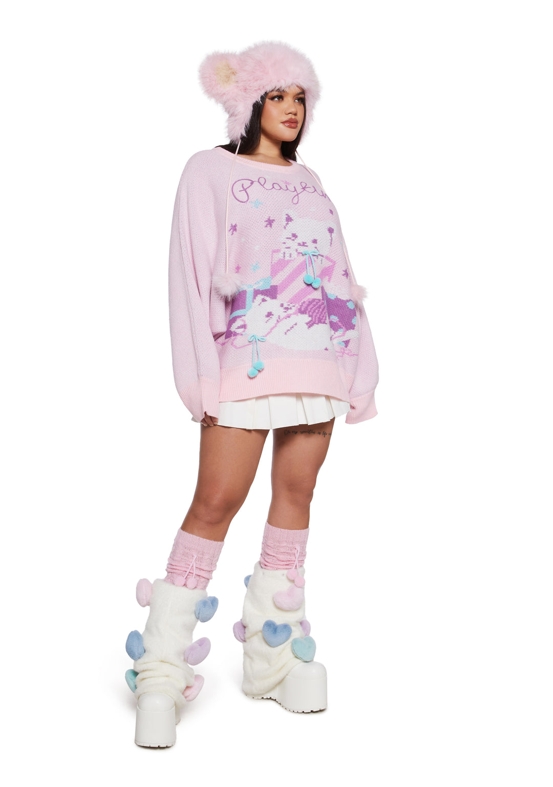 Womens Kitten Knit Sweater With Pom Poms Cutecore Sugar Thrillz - Pink - Image 10