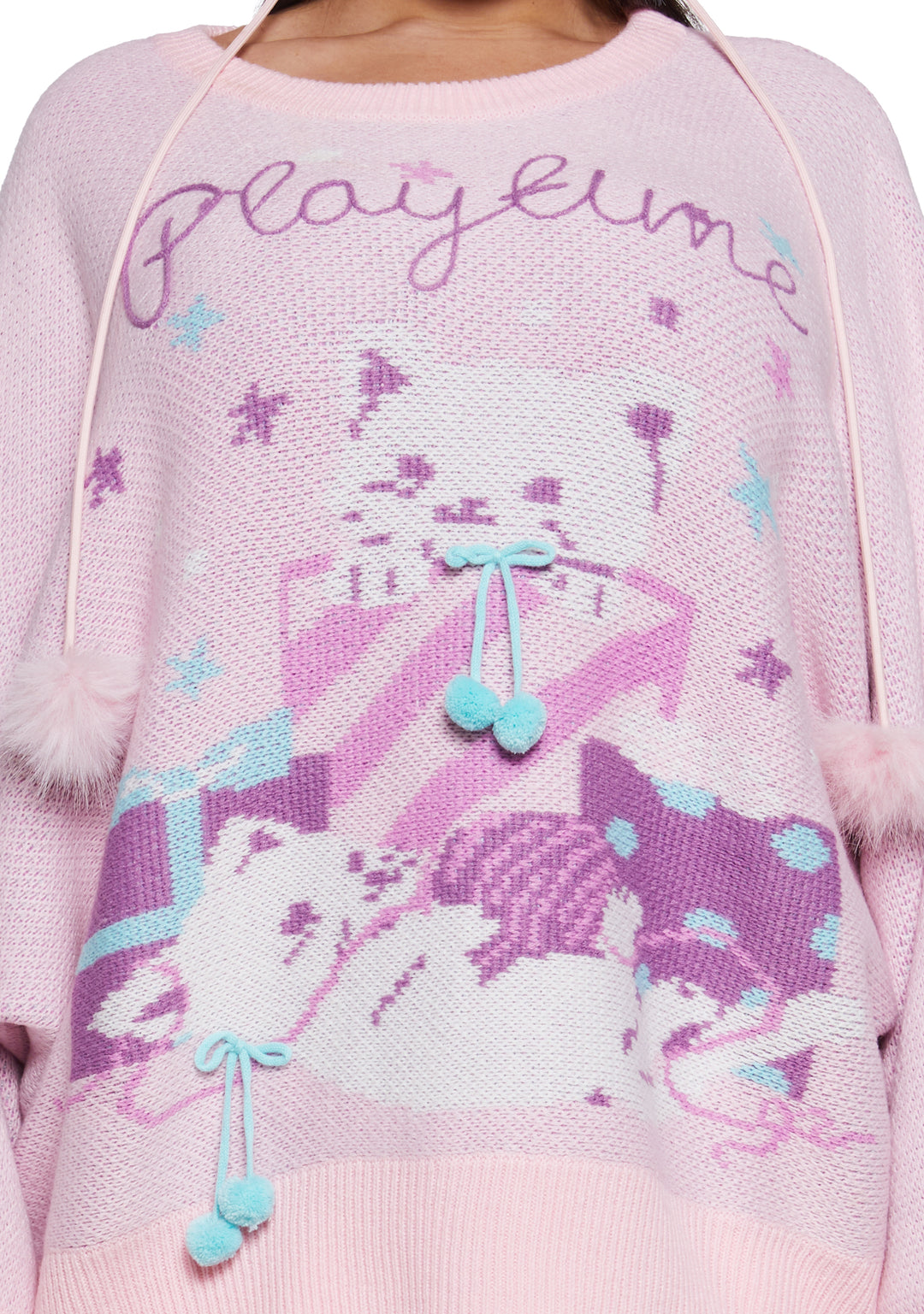 Womens Kitten Knit Sweater With Pom Poms Cutecore Sugar Thrillz - Pink - Image 9