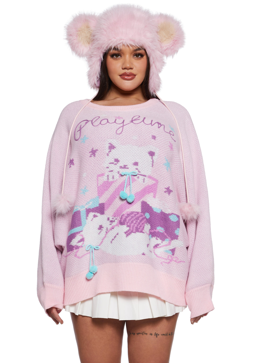 Womens Kitten Knit Sweater With Pom Poms Cutecore Sugar Thrillz - Pink - Image 2