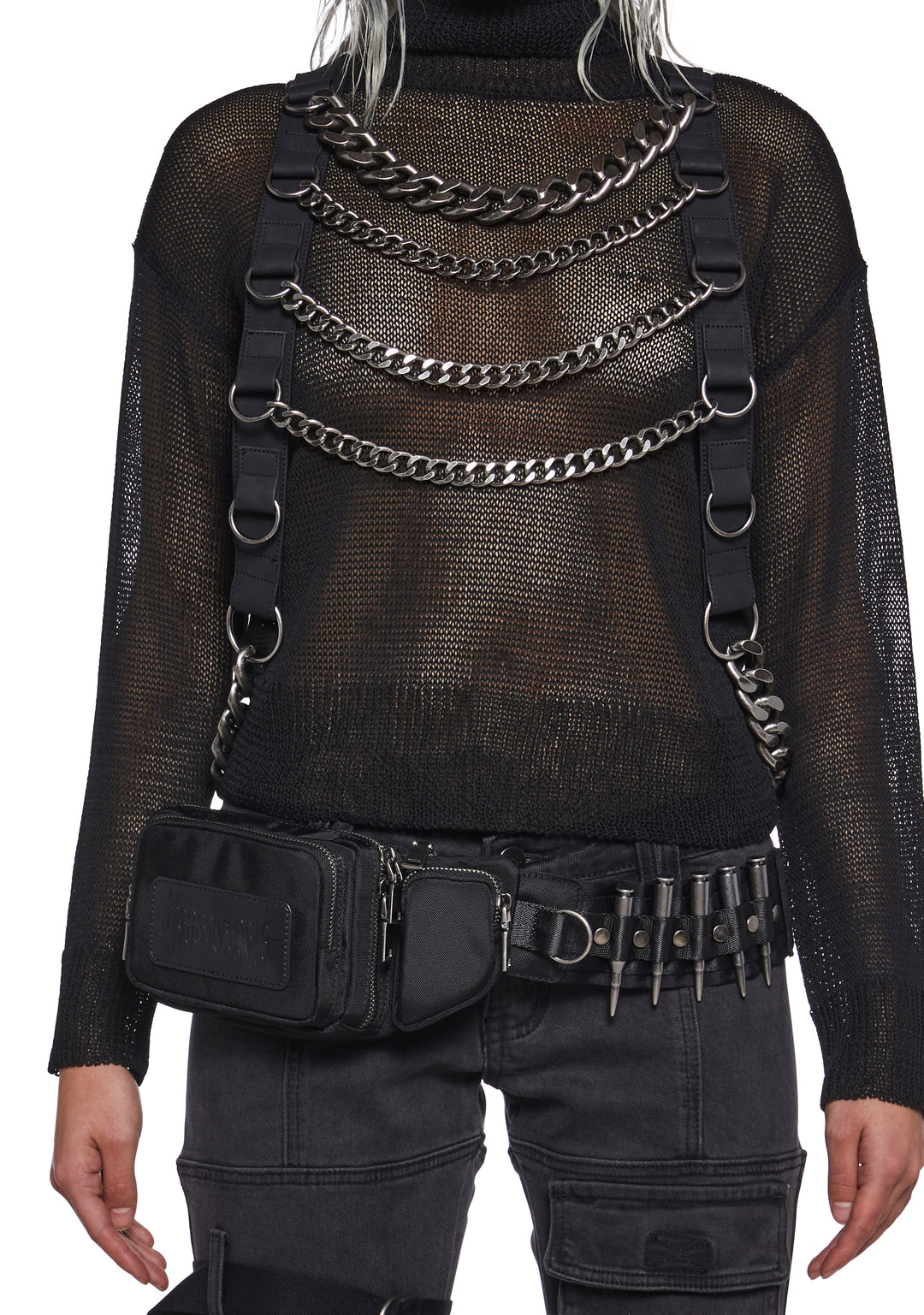 Semi-Sheer Knit Turtle Neck Sweater Chain Harness Darker Wavs - Black - Image 5