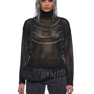 Semi-Sheer Knit Turtle Neck Sweater Chain Harness Darker Wavs - Black
