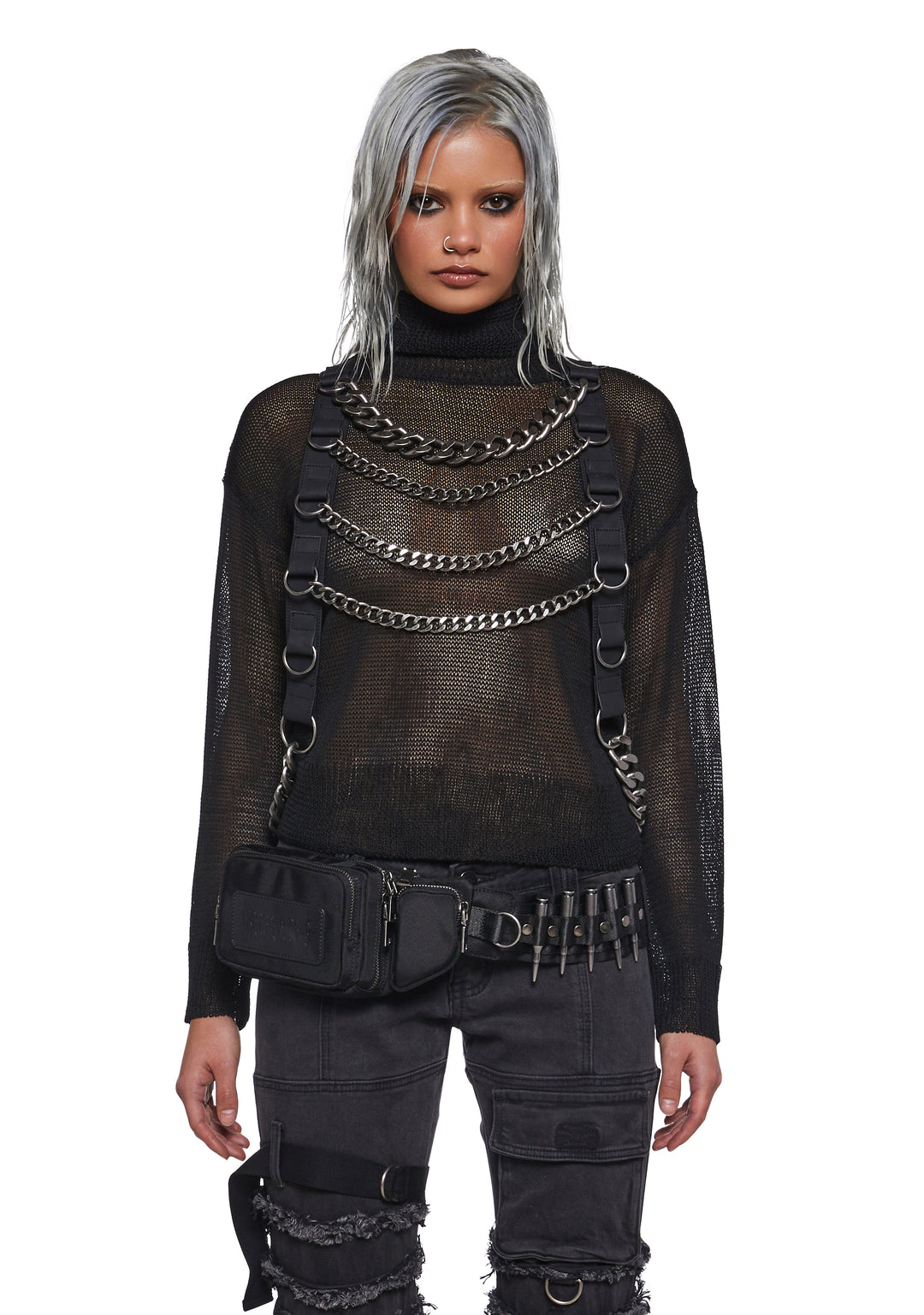 Semi-Sheer Knit Turtle Neck Sweater Chain Harness Darker Wavs - Black