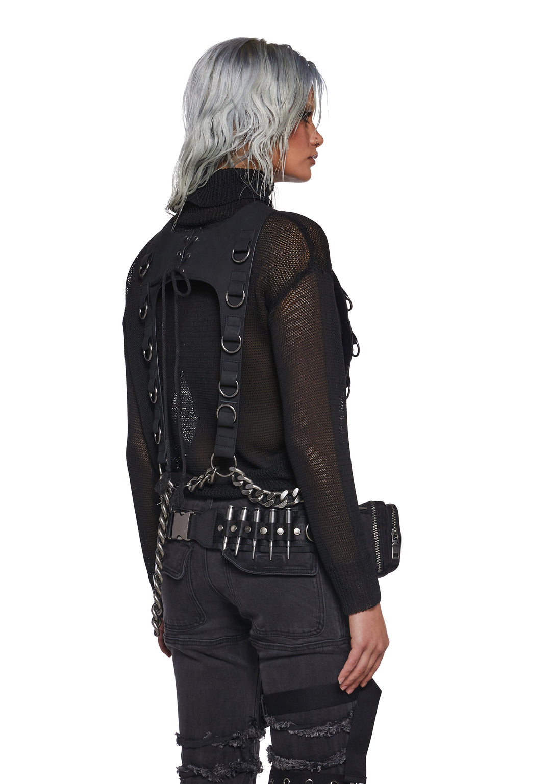 Semi-Sheer Knit Turtle Neck Sweater Chain Harness Darker Wavs - Black - Image 4