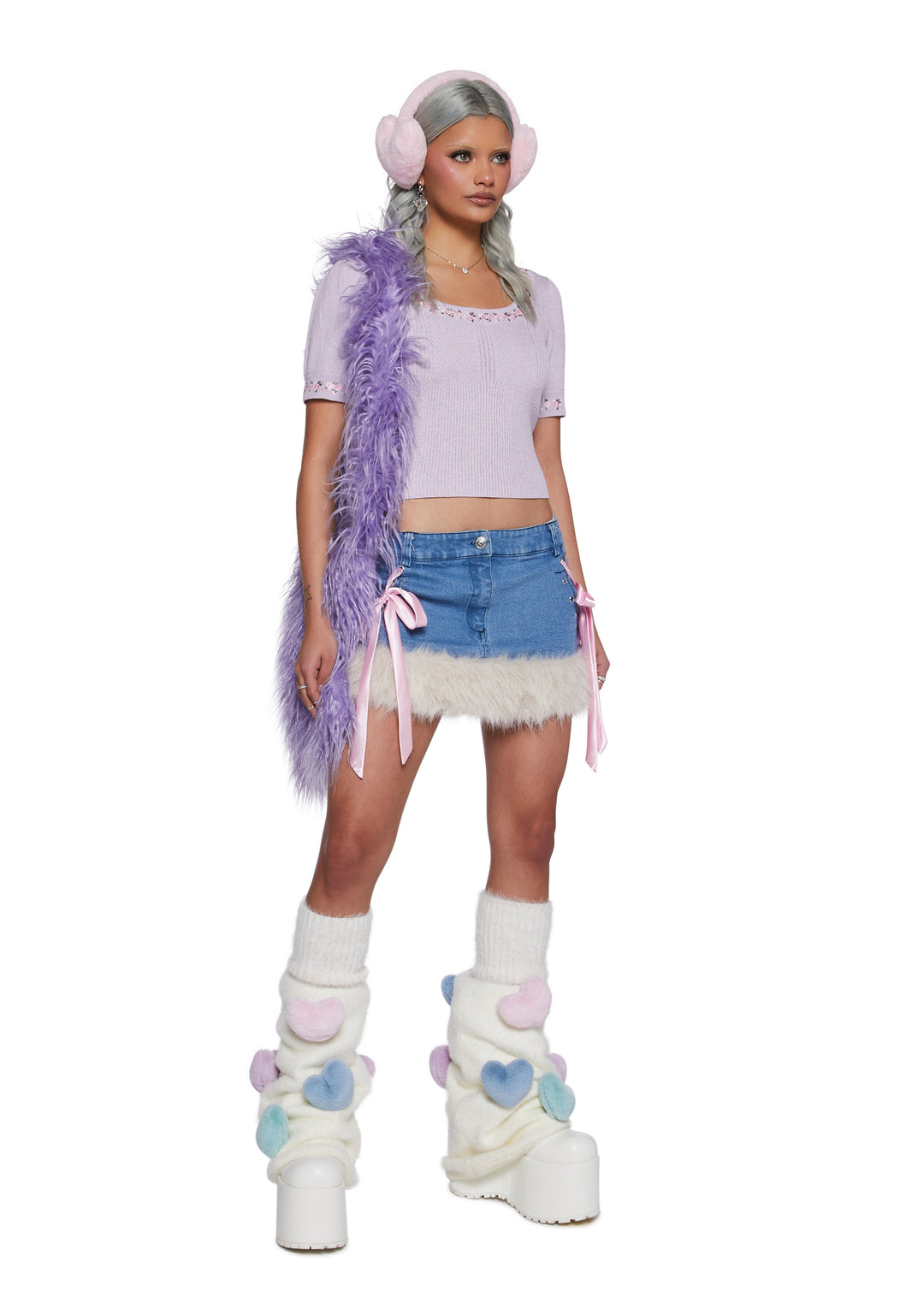 Stretchy Ribbed Knit Floral Embroidery Short Sleeve Sweater Top Sugar Thrillz - Purple - Image 2