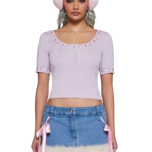 Stretchy Ribbed Knit Floral Embroidery Short Sleeve Sweater Top Sugar Thrillz - Purple