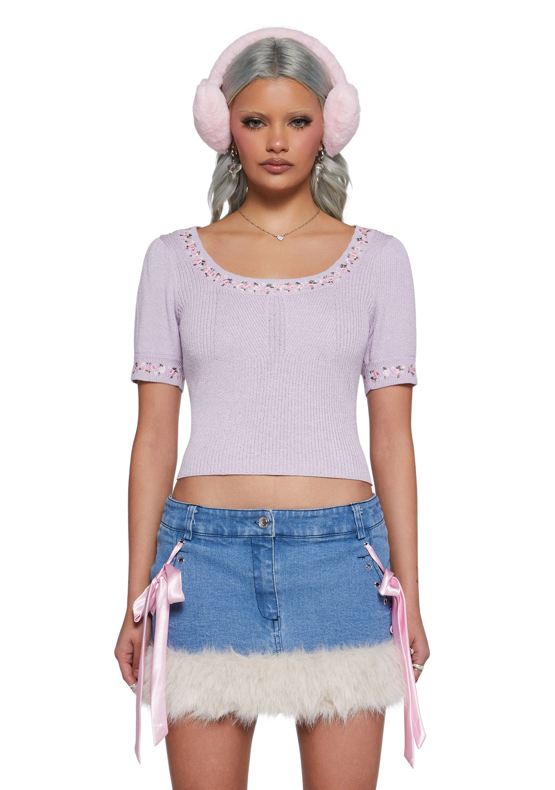 Stretchy Ribbed Knit Floral Embroidery Short Sleeve Sweater Top Sugar Thrillz - Purple