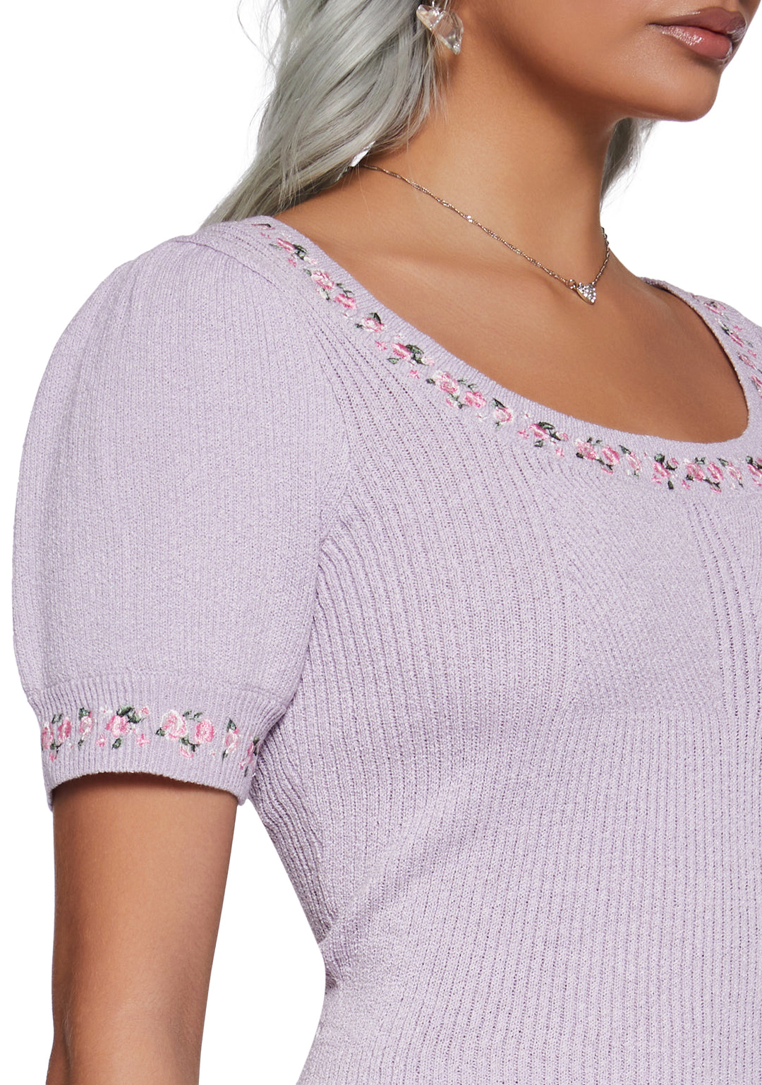 Stretchy Ribbed Knit Floral Embroidery Short Sleeve Sweater Top Sugar Thrillz - Purple - Image 5