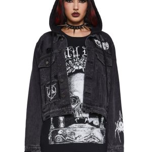 Washed Distressed Denim Demon Black Widow Hooded Trucker Jacket Widow - Black