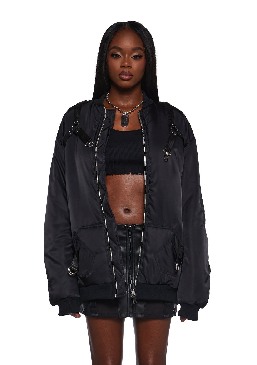 Nylon O-Ring Zip-Up Oversized Bomber Jacket Poster Grl - Black - Image 6