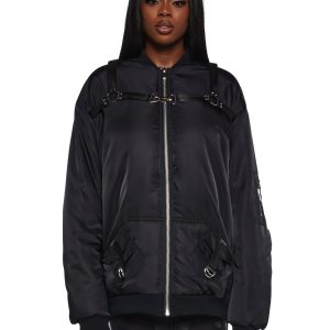 Nylon O-Ring Zip-Up Oversized Bomber Jacket Poster Grl - Black