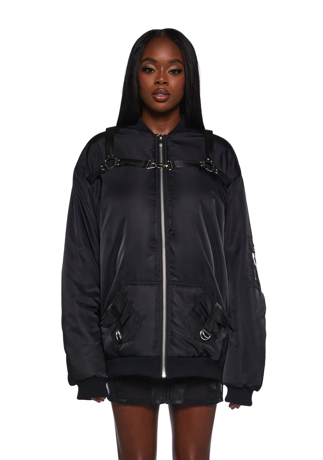 Nylon O-Ring Zip-Up Oversized Bomber Jacket Poster Grl - Black