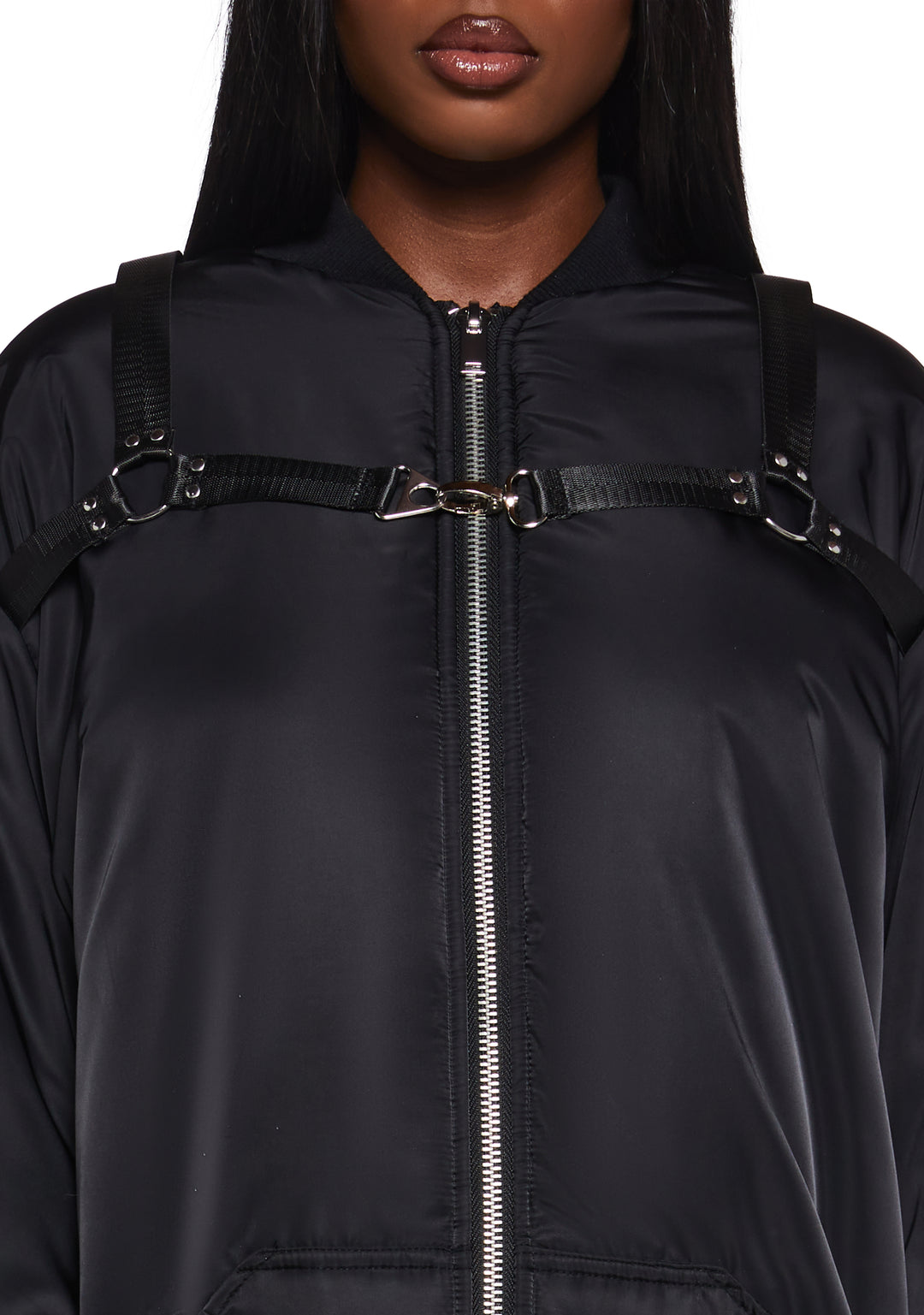 Nylon O-Ring Zip-Up Oversized Bomber Jacket Poster Grl - Black - Image 7