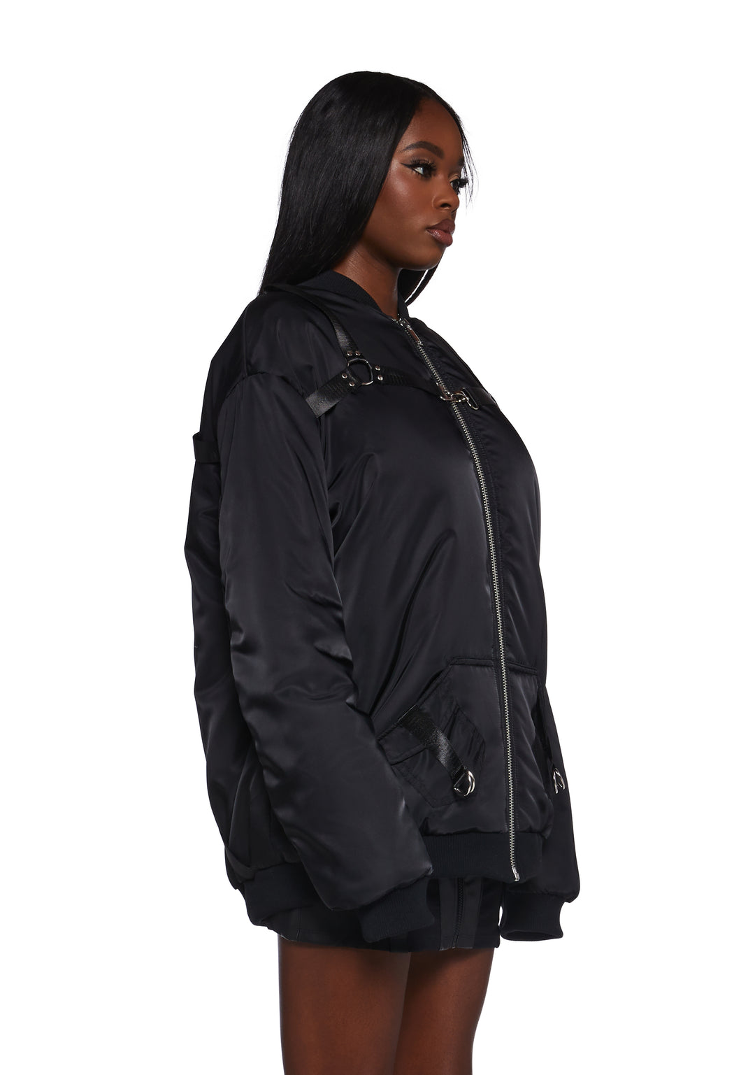 Nylon O-Ring Zip-Up Oversized Bomber Jacket Poster Grl - Black - Image 3
