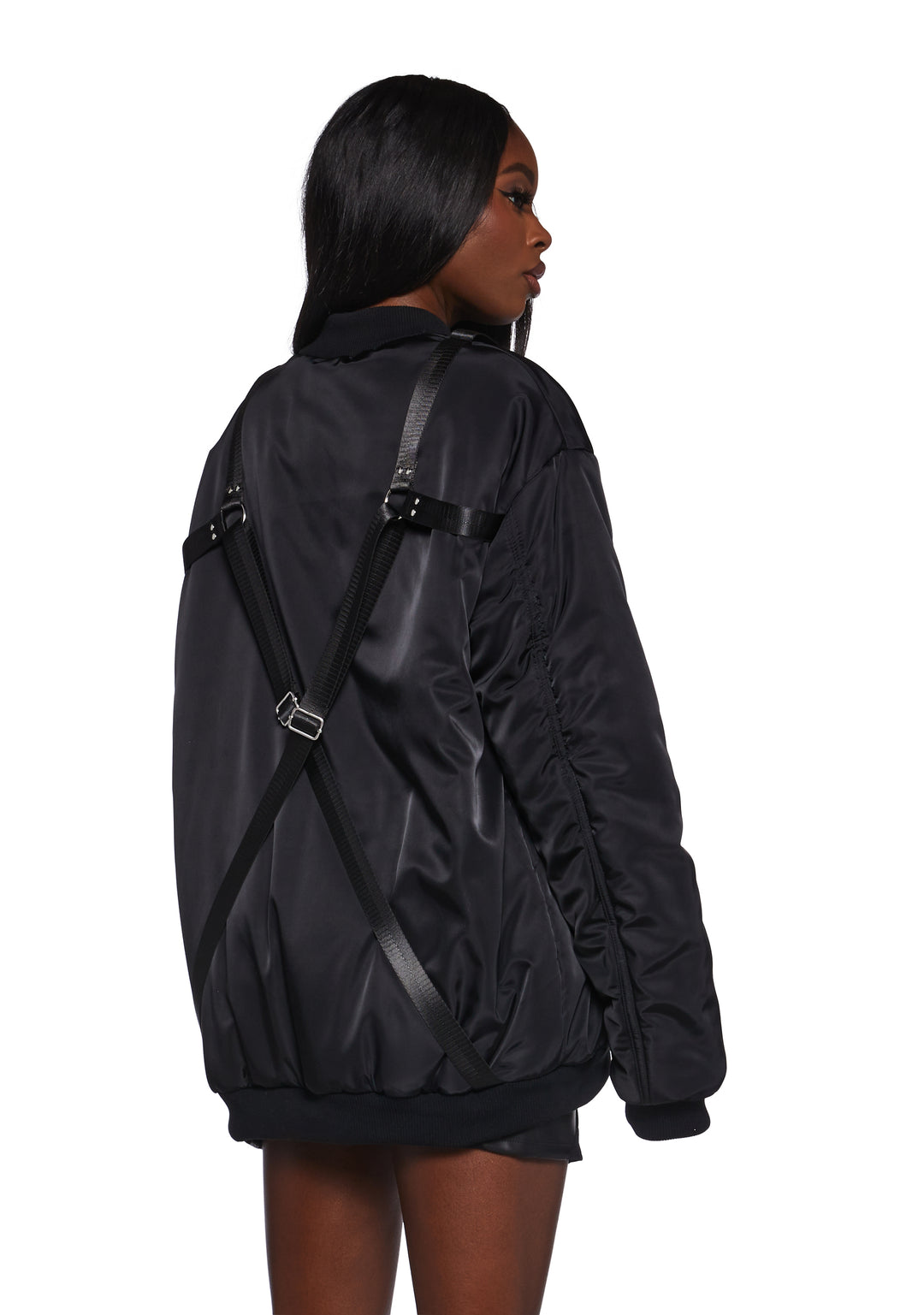 Nylon O-Ring Zip-Up Oversized Bomber Jacket Poster Grl - Black - Image 4