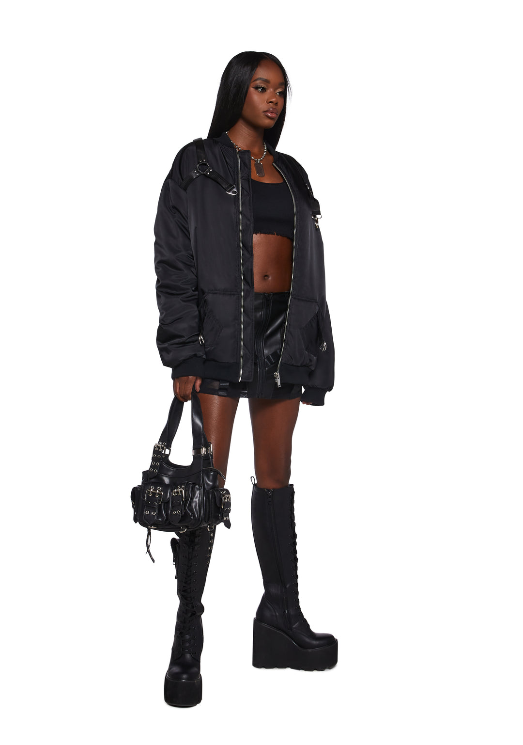 Nylon O-Ring Zip-Up Oversized Bomber Jacket Poster Grl - Black - Image 8