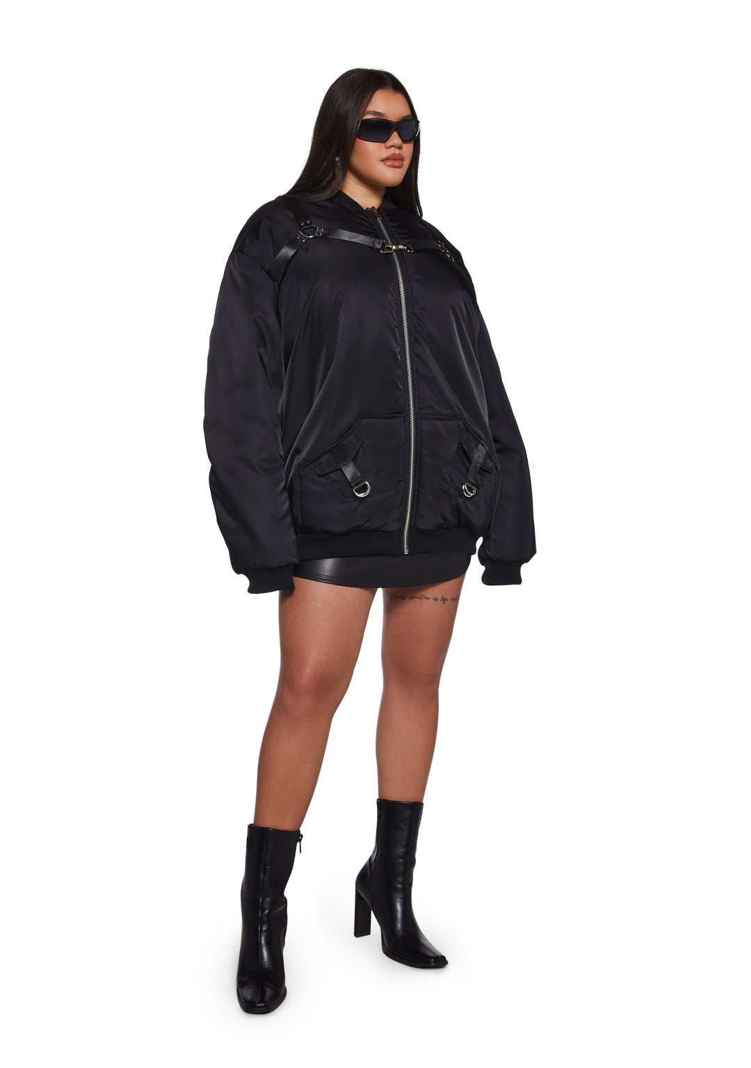 Nylon O-Ring Zip-Up Oversized Bomber Jacket Poster Grl - Black - Image 11