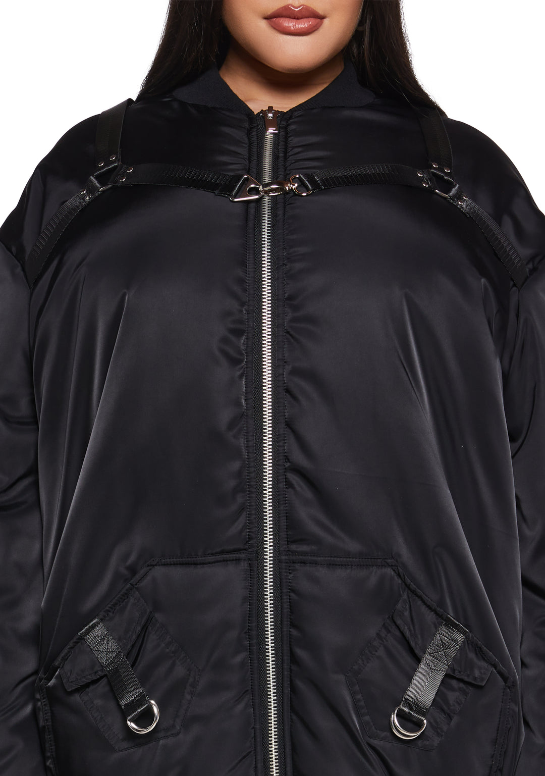 Nylon O-Ring Zip-Up Oversized Bomber Jacket Poster Grl - Black - Image 10