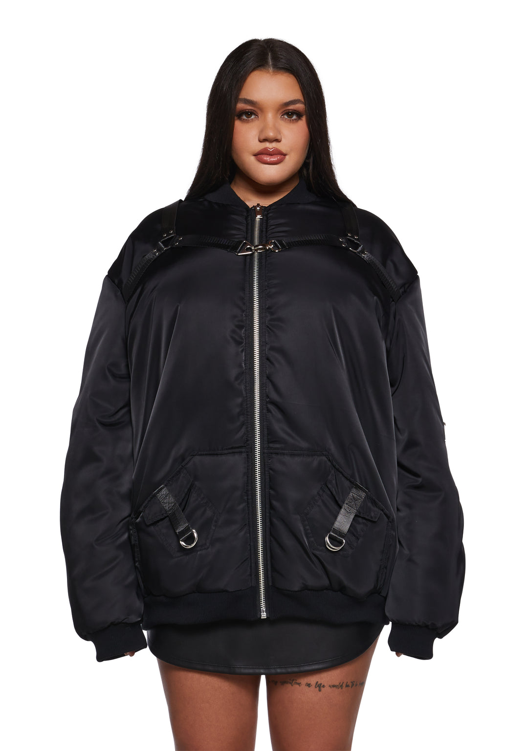 Nylon O-Ring Zip-Up Oversized Bomber Jacket Poster Grl - Black - Image 2