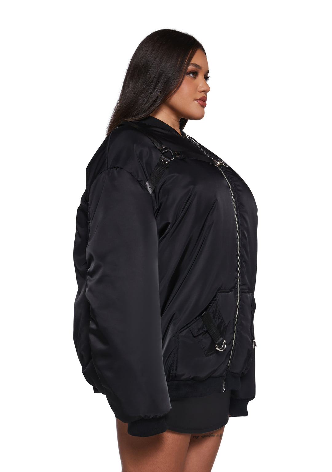 Nylon O-Ring Zip-Up Oversized Bomber Jacket Poster Grl - Black - Image 9