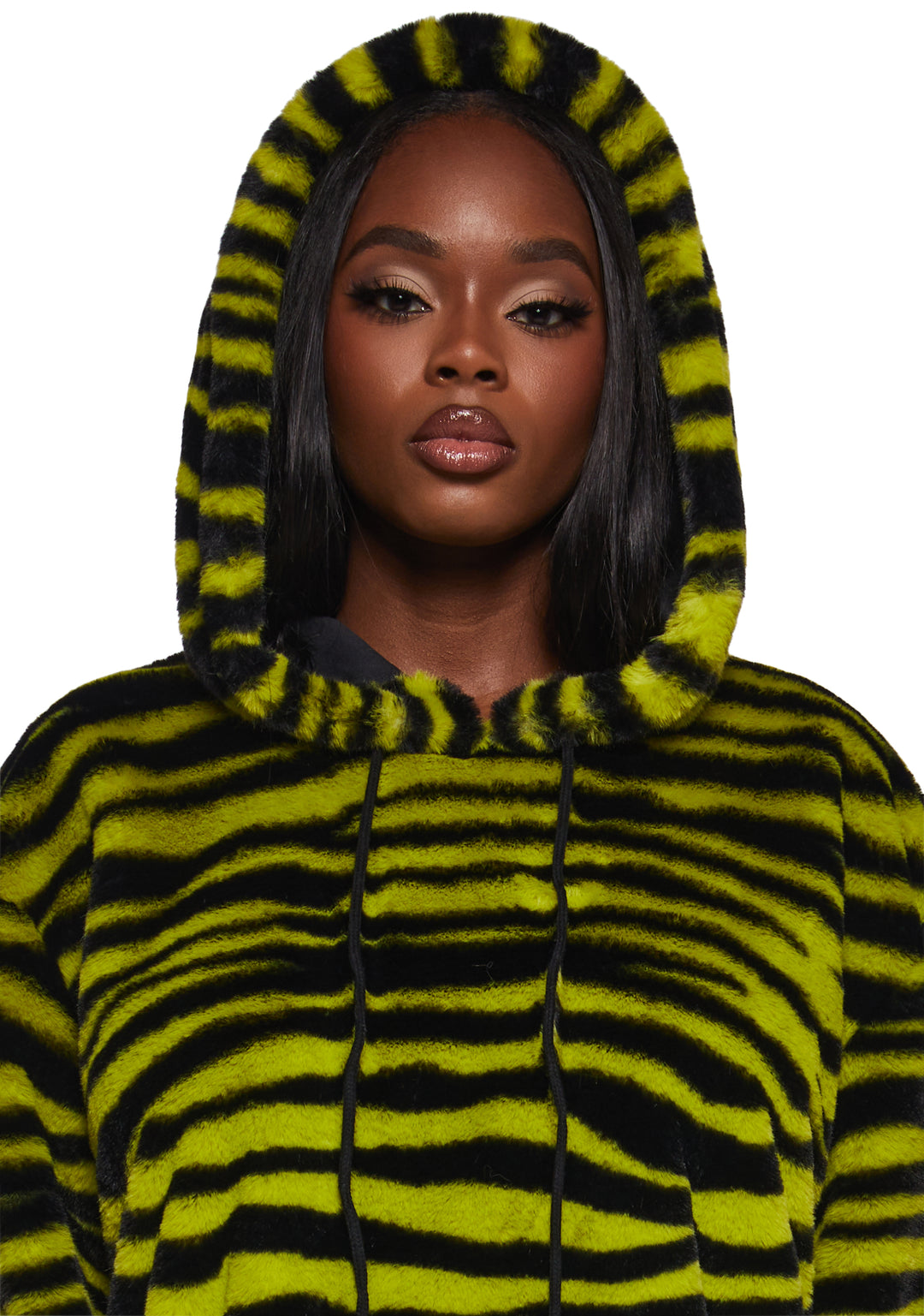 Zebra Striped Faux Fur Hoodie Poster Grl - Yellow - Image 5
