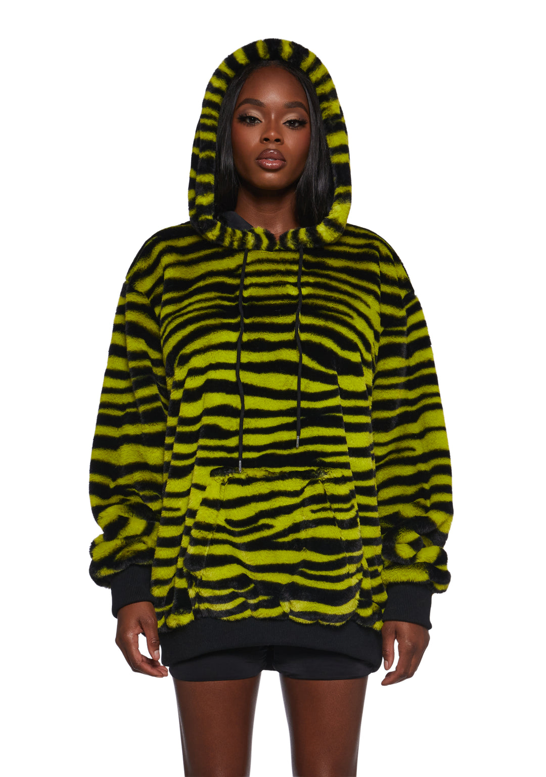 Zebra Striped Faux Fur Hoodie Poster Grl - Yellow