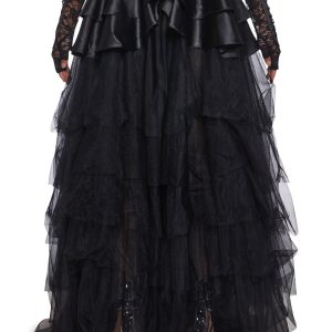 Tulle Satin Layered Ruffled Maxi Skirt Widow - Black