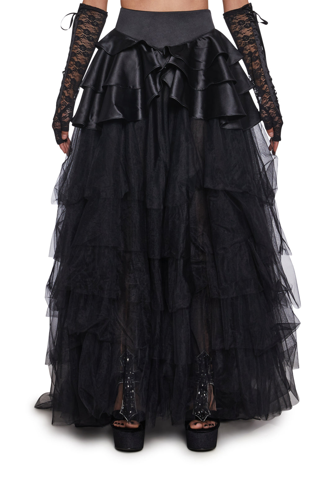 Tulle Satin Layered Ruffled Maxi Skirt Widow - Black