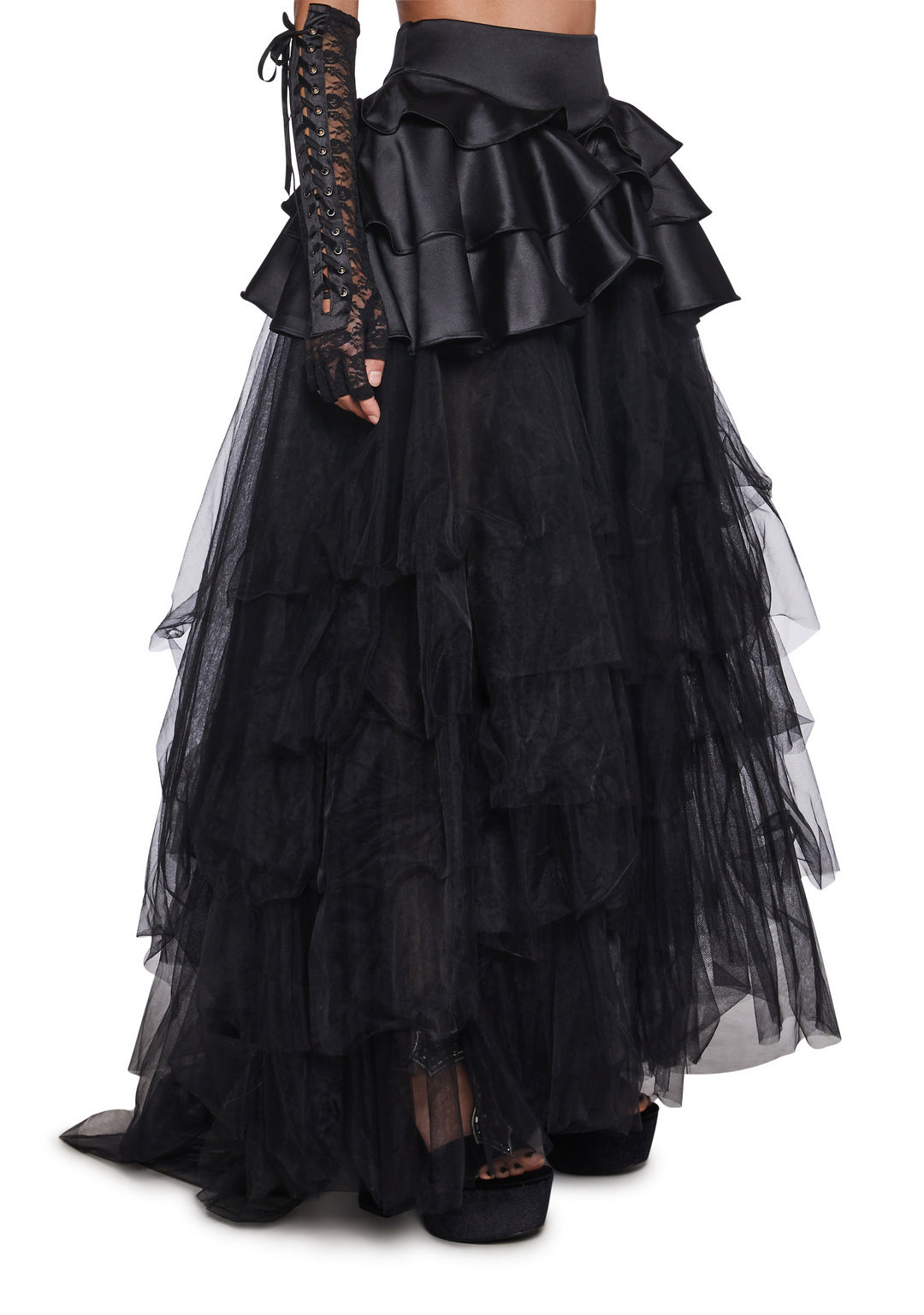 Tulle Satin Layered Ruffled Maxi Skirt Widow - Black - Image 3