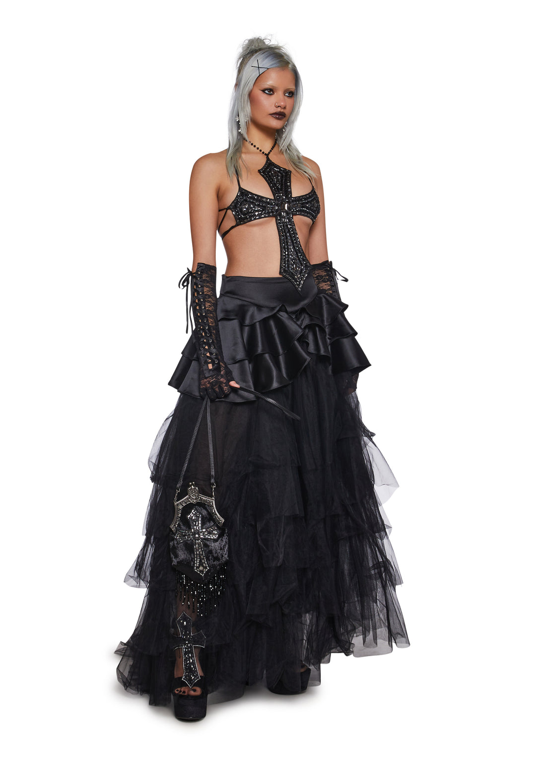 Tulle Satin Layered Ruffled Maxi Skirt Widow - Black - Image 2