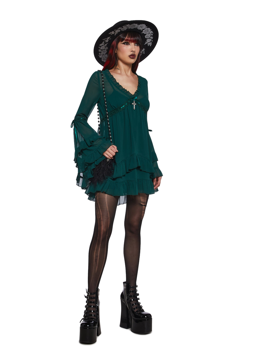 Womens Sexy Chiffon Mini Dress With Bell Sleeves Sugar Thrillz - Green - Image 2
