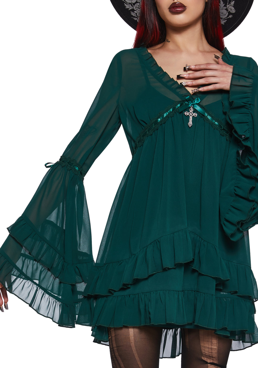 Womens Sexy Chiffon Mini Dress With Bell Sleeves Sugar Thrillz - Green - Image 5