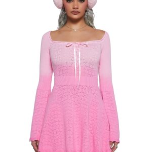 Womens Sexy Ombre Knit Winter Dress With Bell Sleeves Sugar Thrillz - Pink
