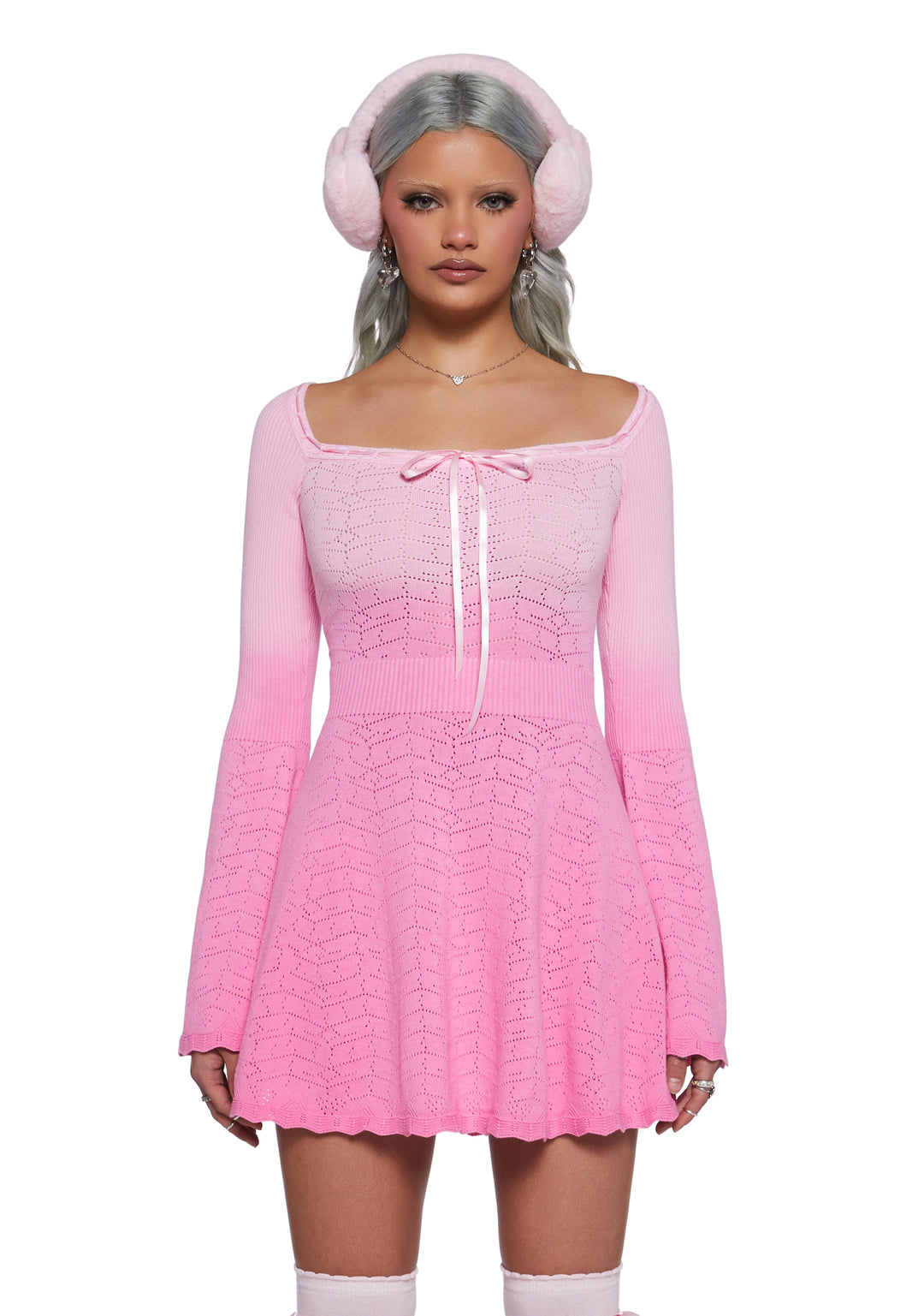 Womens Sexy Ombre Knit Winter Dress With Bell Sleeves Sugar Thrillz - Pink