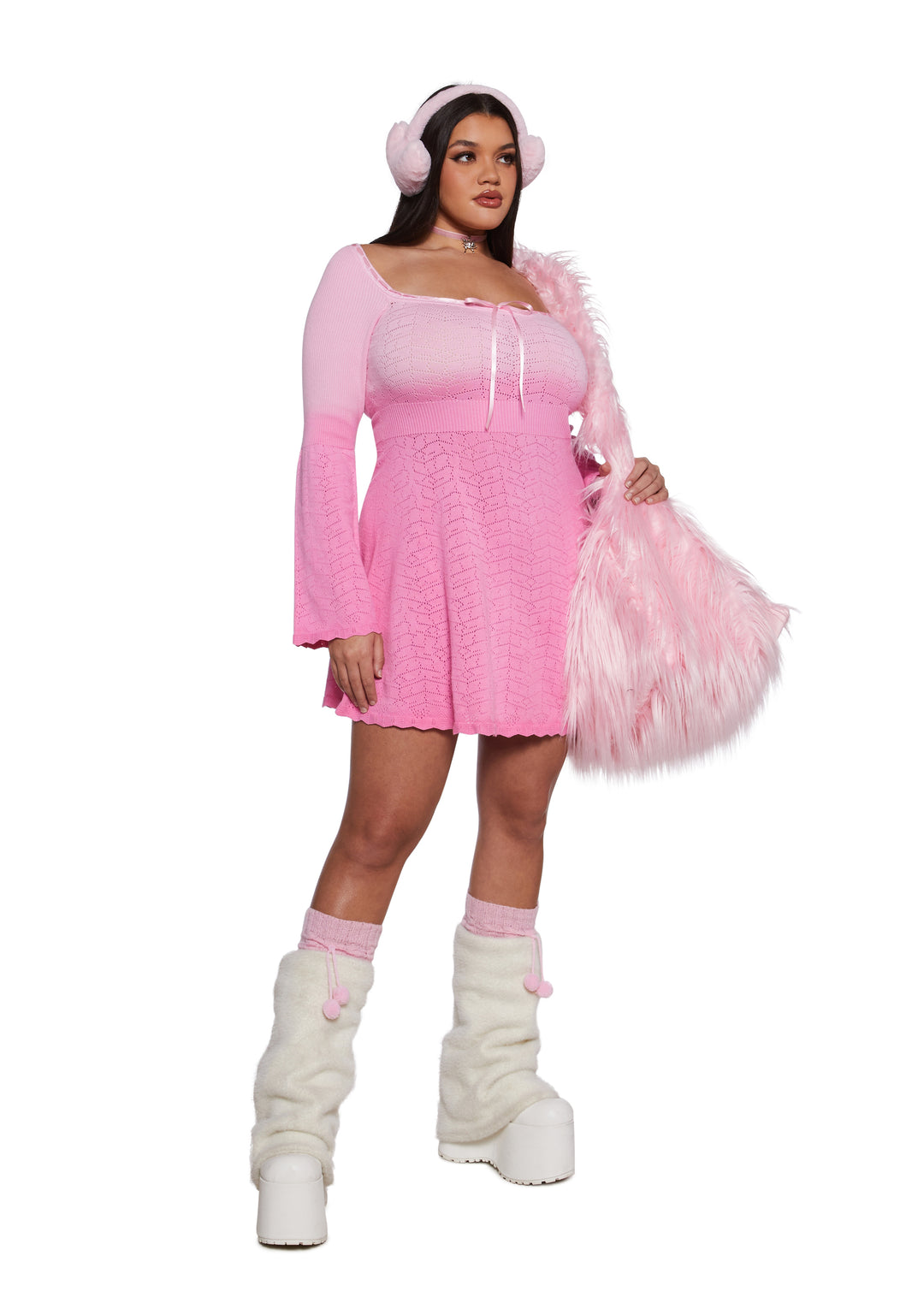 Womens Sexy Ombre Knit Winter Dress With Bell Sleeves Sugar Thrillz - Pink - Image 10