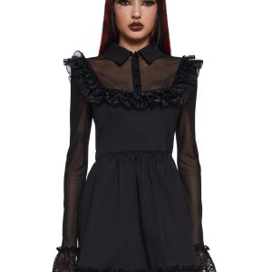 Twill Ruffle Mesh Long Sleeve Mini Dress Widow - Black