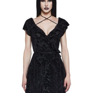 Womens Goth Floral Velvet Ruffled Wrap Dress - Black