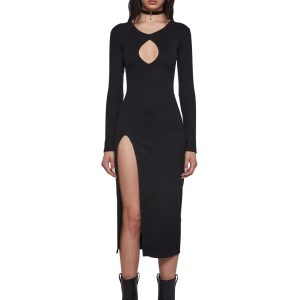 Womens Sexy Midi Ribbed Cut Out Dress With High Slit Poster Grl - Black