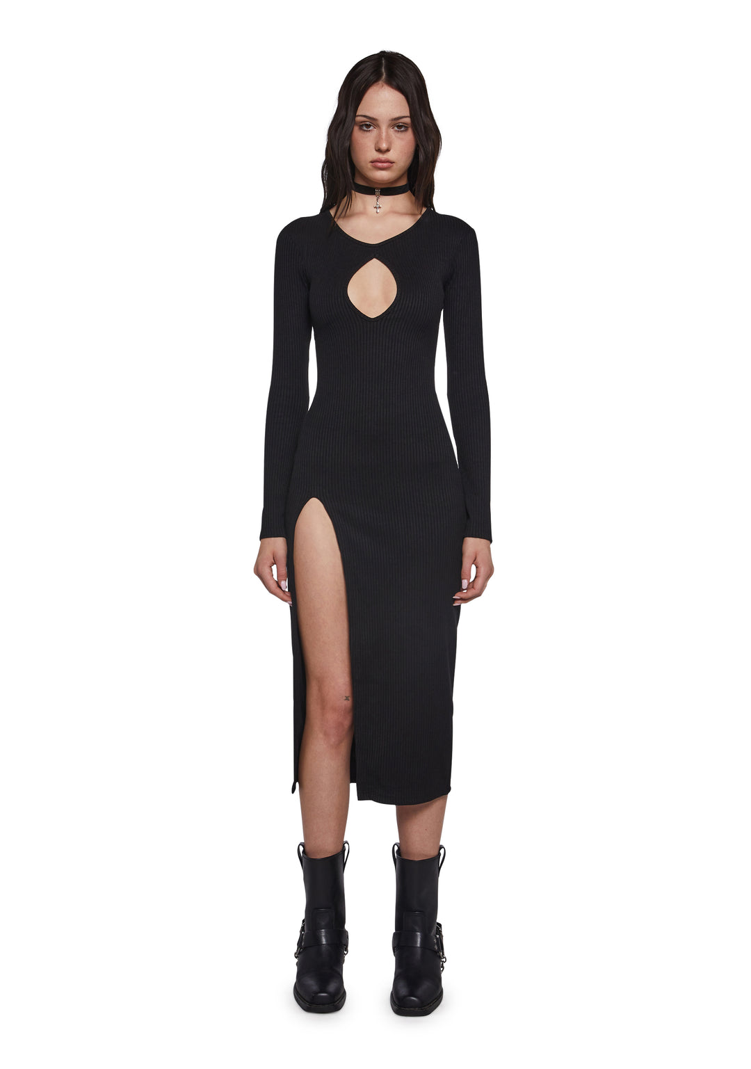 Womens Sexy Midi Ribbed Cut Out Dress With High Slit Poster Grl - Black