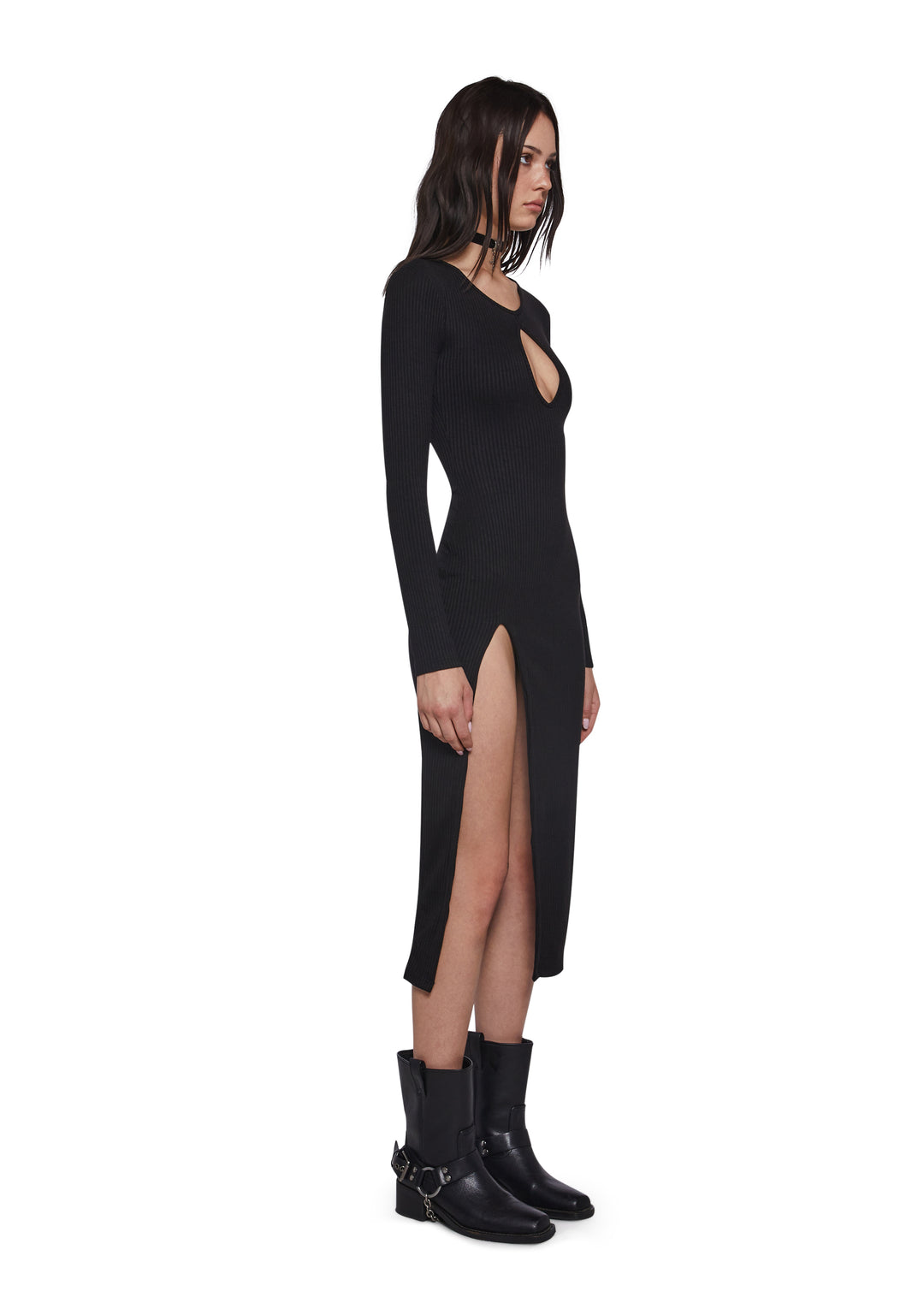 Womens Sexy Midi Ribbed Cut Out Dress With High Slit Poster Grl - Black - Image 3