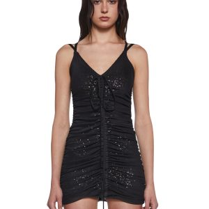 Stretchy Mesh Sequin Ruched Crisscross Strap Mini Dress Poster Grl - Black
