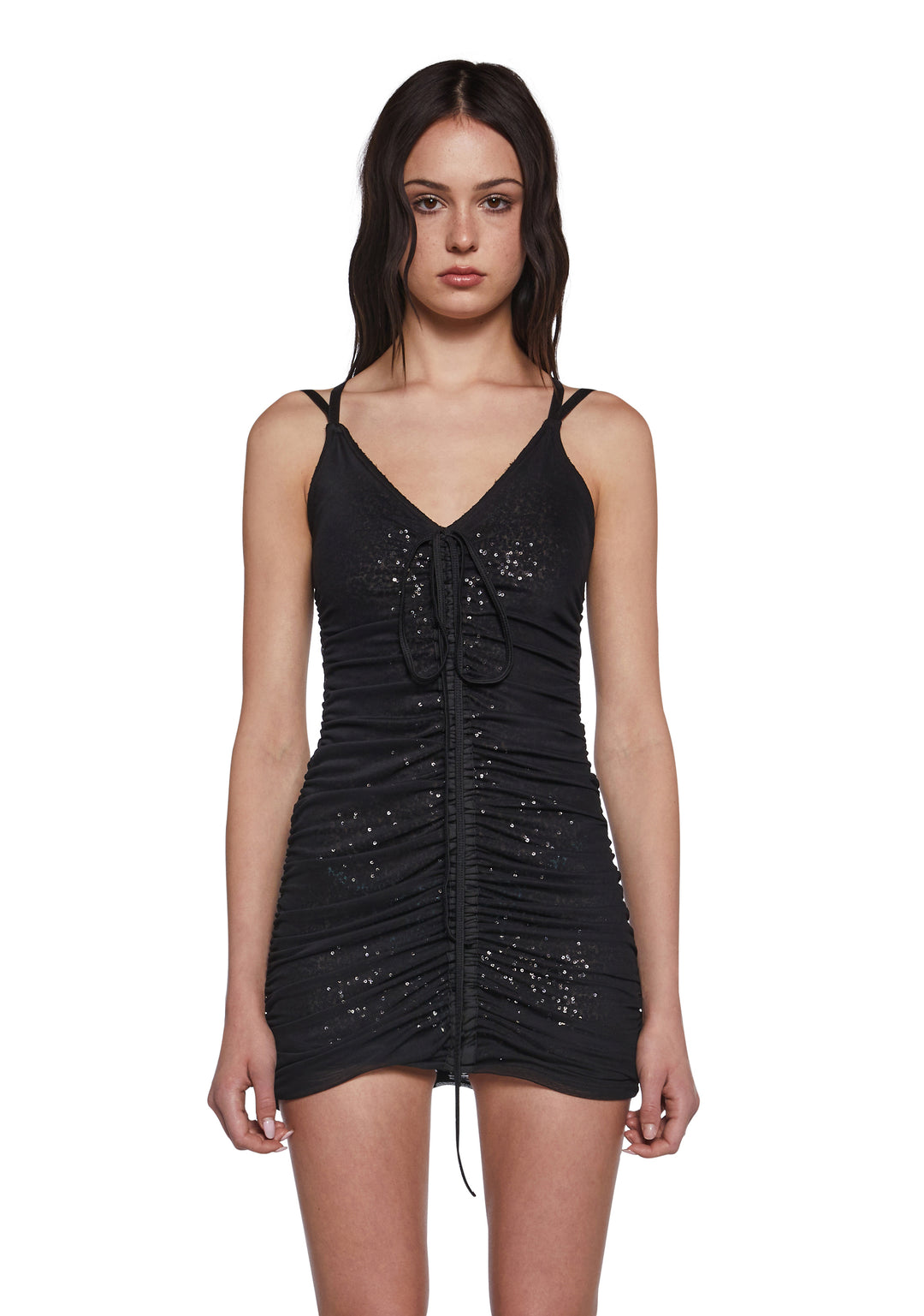 Stretchy Mesh Sequin Ruched Crisscross Strap Mini Dress Poster Grl - Black