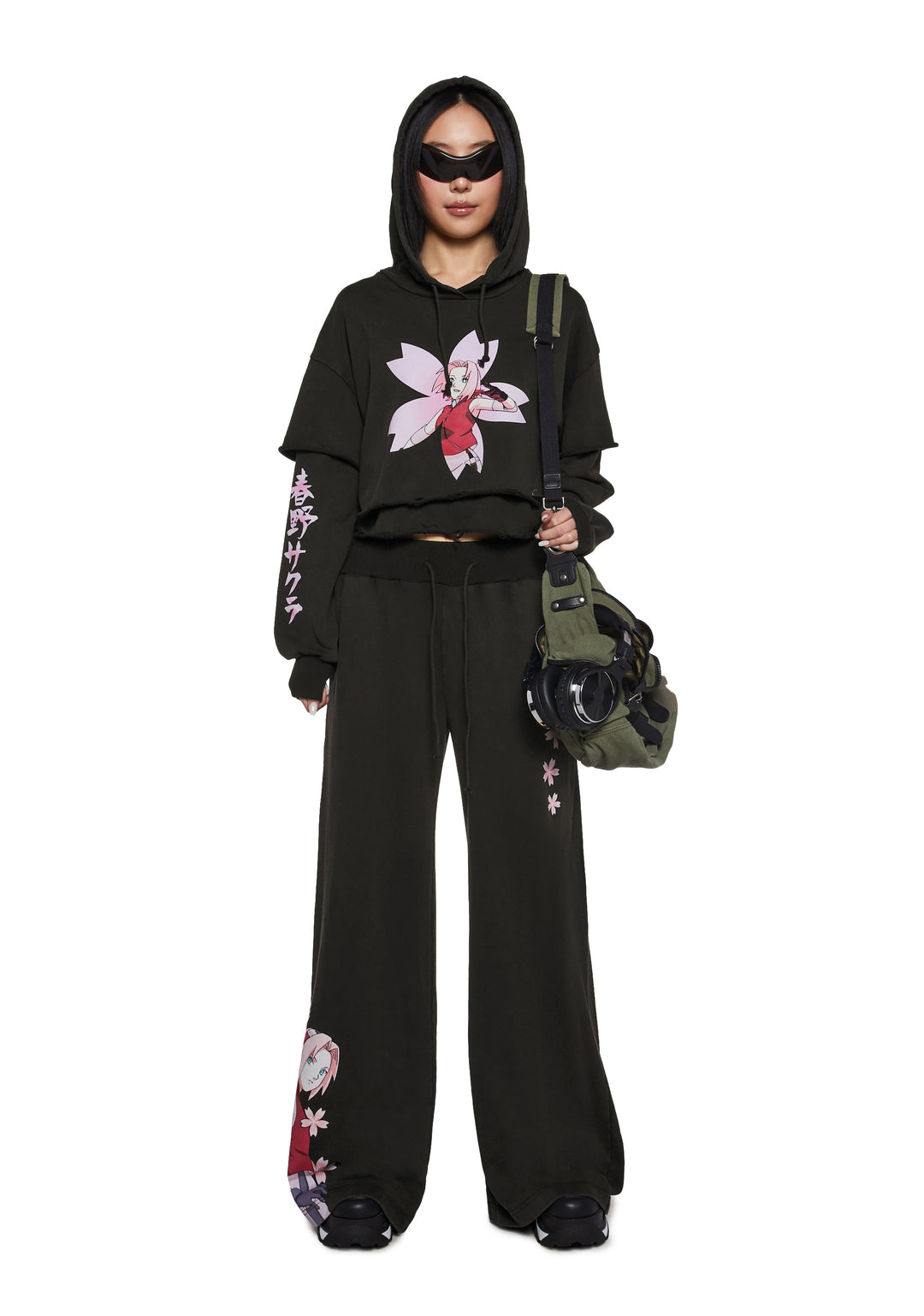 Dolls Kill x NARUTO SHIPPUDEN Sakura Graphic Layered Cropped Hoodie - Black - Image 6