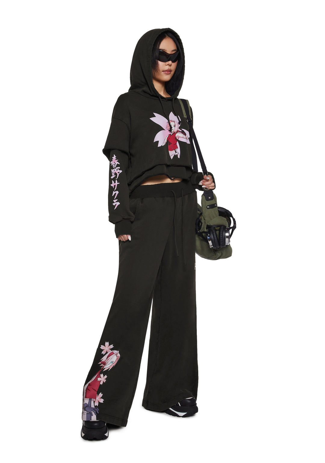 Dolls Kill x NARUTO SHIPPUDEN Sakura Graphic Layered Cropped Hoodie - Black - Image 2