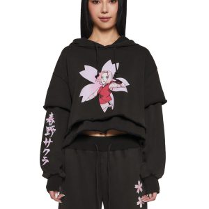 Dolls Kill x NARUTO SHIPPUDEN Sakura Graphic Layered Cropped Hoodie - Black