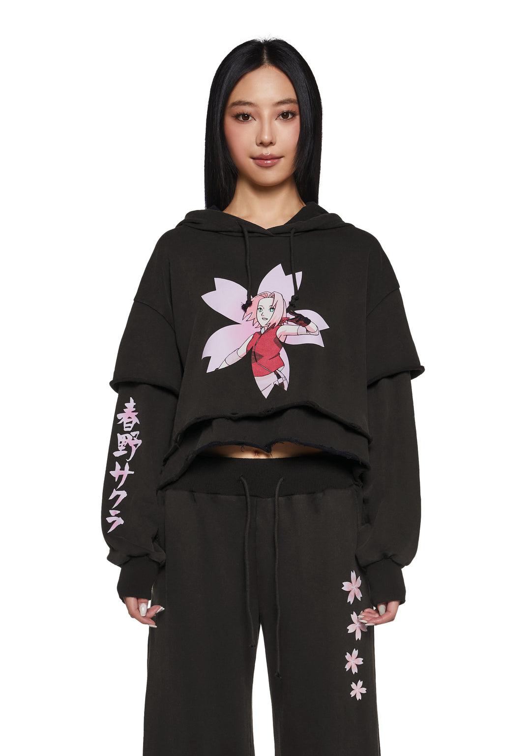 Dolls Kill x NARUTO SHIPPUDEN Sakura Graphic Layered Cropped Hoodie - Black