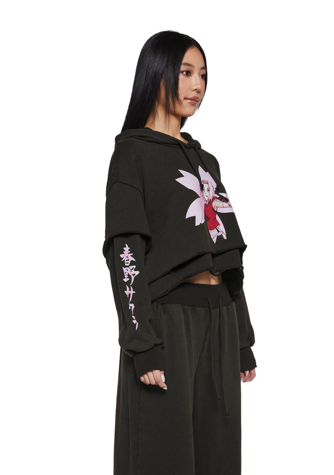 Dolls Kill x NARUTO SHIPPUDEN Sakura Graphic Layered Cropped Hoodie - Black - Image 5