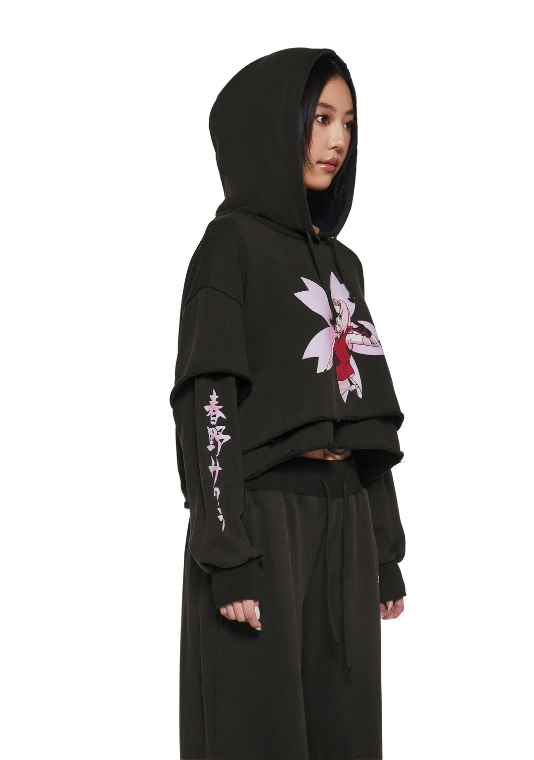 Dolls Kill x NARUTO SHIPPUDEN Sakura Graphic Layered Cropped Hoodie - Black - Image 3